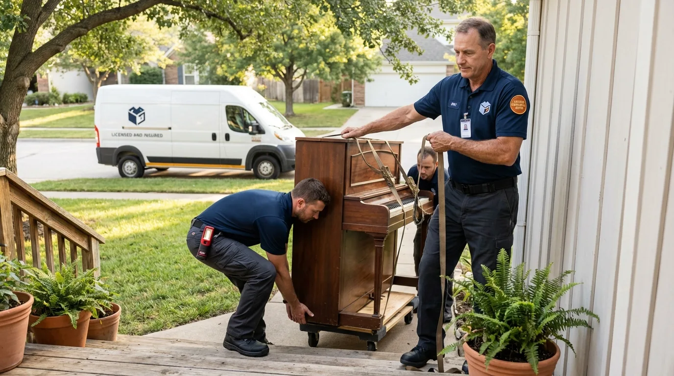 Licensed piano movers securing grand piano in Botkins, OH